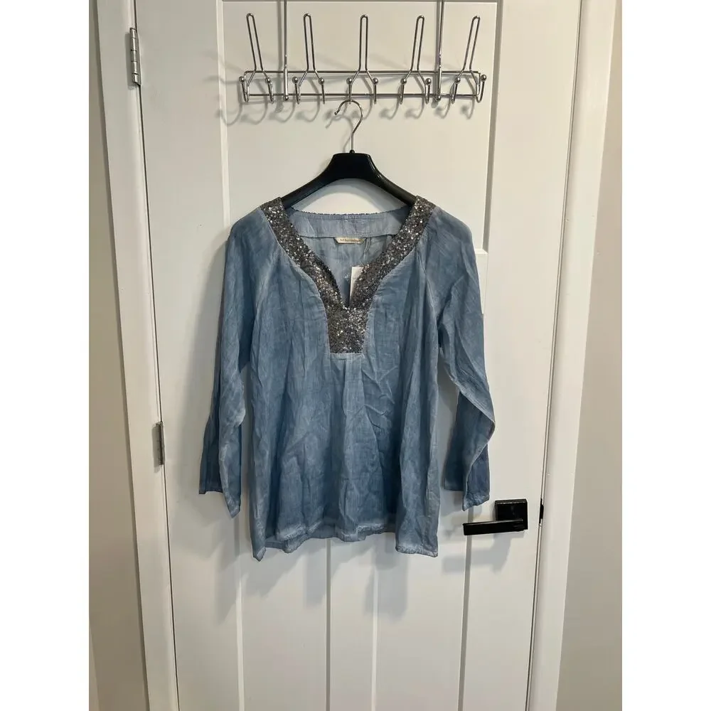 NEW! Soft Surroundings Women’s Sequin V Neck Cotton Top Boho Blouse Size M‎ - Picture 2 of 10